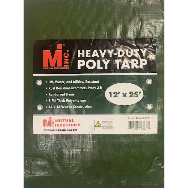 Heavy Duty Tarp, 12 ft x 25 ft, 8 mil, Green, UV Resistant, Mildew Resistant